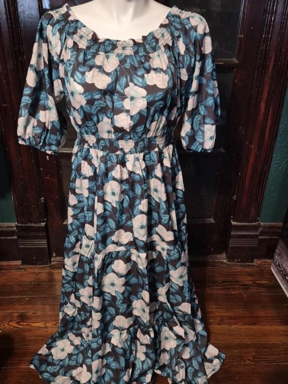 Off-Shoulder Floral Maxi Dress in Teal and White